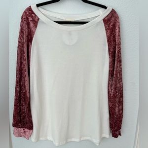 Long sleeve white shirt with pink velvet sleeves